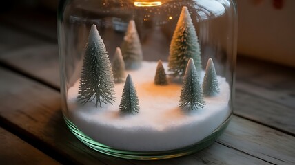 Miniature winter forest scene with bottle brush trees inside a glass jar illuminated by a warm light