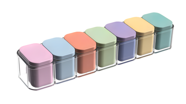 Set of seven colorful plastic containers with lids isolated on transparent background, perfect for kitchen storage and organization, adding a touch of pastel color to your home