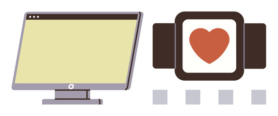 Computer screen and smartwatch with red heart icon. Focus on technology, health tracking, connectivity. Ideal for healthcare, tech integration, wellness, digital fitness, monitoring innovation