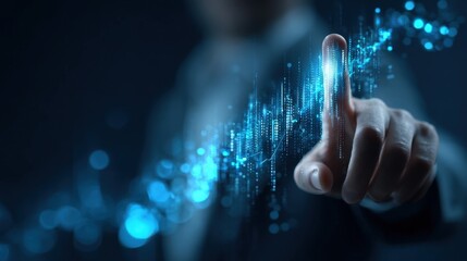 Human Finger Touching Digital Data Stream Futuristic Technology Concept.