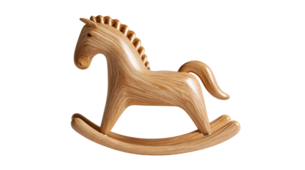 Smooth wooden rocking horse with curved lines and detailed mane, cut out transparent