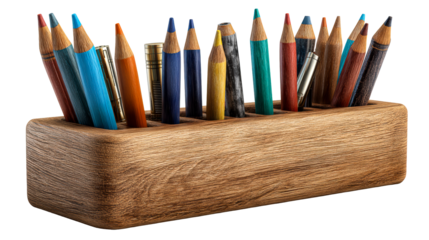 Assortment of Colored Pencils and Metal Pens in Wooden Desk Organizer, cut out transparent