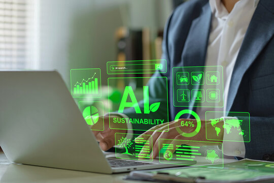 Businessman using laptop with green AI sustainability dashboard, clean energy icons and analytics. Concept of eco-friendly technology, ESG reporting, carbon tracking and digital transformation. - Powered by Adobe