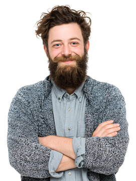 A image of a young curly haired man with a thick beard and friendly demeanor dressed in a casual but professional outfit and posing confidently against a plain white background