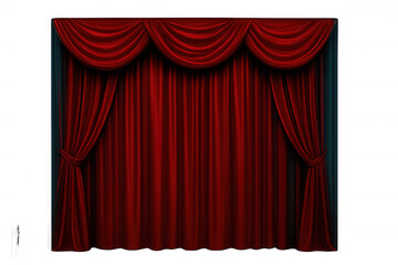 Red curtain covering a stage, creating anticipation for a theatrical performance, with transparent background