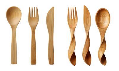 Ecofriendly bamboo cutlery set, including spoons, forks, and knives, isolated on transparent background, showcasing sustainable and natural kitchen utensils