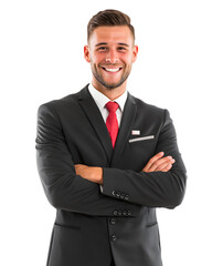Smiling well dressed hotel manager in a professional suit greets customers with a warm welcoming demeanor radiating confidence and a commitment to excellent customer service