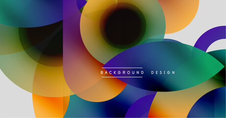 Abstract colorful shapes overlap creating dynamic visual effect. Gradient hues blend, forming modern background design.