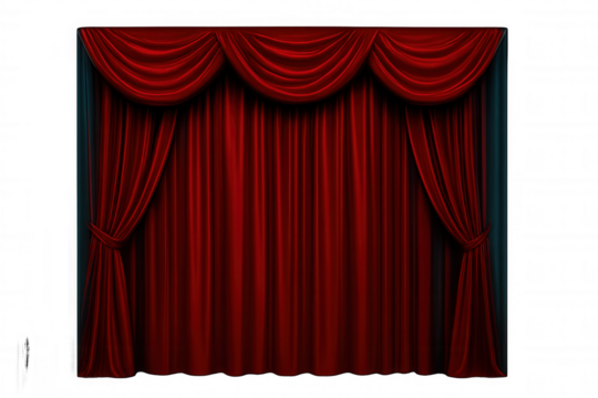 Red curtain covering a stage, creating anticipation for a theatrical performance, with transparent background - Powered by Adobe
