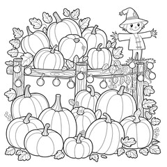 Whimsical scarecrow and pile of pumpkins autumn coloring page.