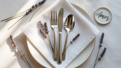 Elegant place setting with silverware lavender sprigs and a personalized name card
