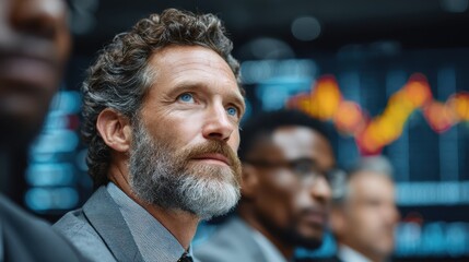 A focused businessman listens intently during a financial meeting, surrounded by colleagues and analytical graphs in the background.