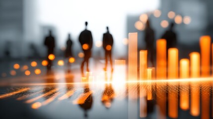 Silhouetted figures stand against a backdrop of glowing data visualizations, symbolizing business analytics and growth in a modern environment.