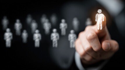 Human Resources Selection: A hand meticulously selects a single figure from a crowd, representing talent acquisition or crucial decision-making.– Generative AI
