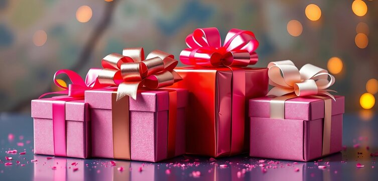 Elegant gift boxes adorned with AI-generated bows, vibrant colors,  occasion,  detail