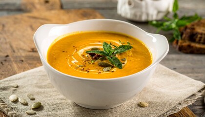 Pumpkin soup with cream swirl, pumpkin seeds, and mint in white bowl, Delicious pumpkin soup, garnished with cream, pumpkin seeds, and mint leaves, for a cozy autumn meal