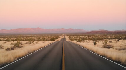 Fototapeta premium Long empty desert highway stretching towards distant mountains under a soft pink and orange sunset sky