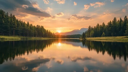 Obraz premium Lake reflection at sunset with trees and mountains in the distance under a cloudy sky view landscape