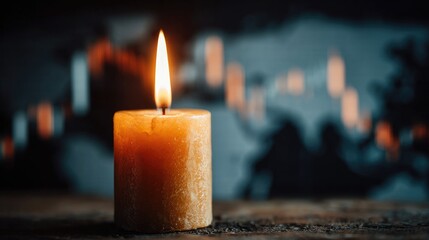 Candle in Focus Against Blurred Financial Stock Market Chart Background