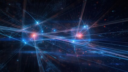 Digital network with glowing lines and nodes connecting in a dark blue and purple background