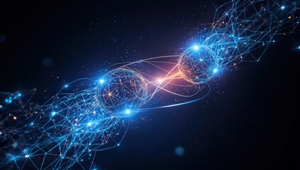 Abstract representation of interconnected spheres with glowing lines and particles on dark background