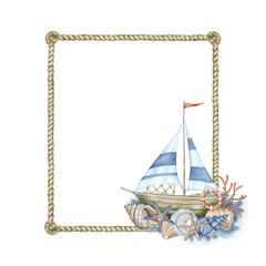 A rectangular frame made of knotted sea rope decorated with a composition with a sailing ship and seashells and stars. Watercolor illustration in beige and blue tones.