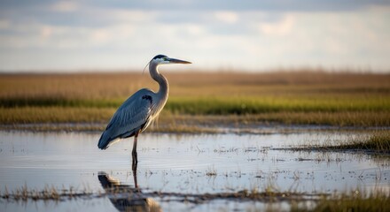Majestic Great Blue Heron Standing in Marsh at Sunset