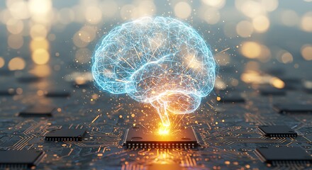 Artificial intelligence brain on a circuit board with glowing connections
