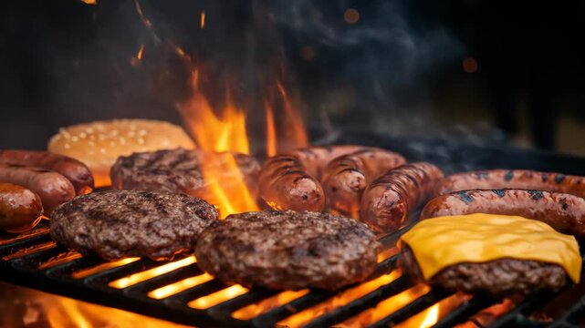 Sizzling burgers and sausages on a flaming grill, ready for a summer barbecue.