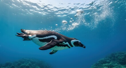 Naklejka premium Graceful Humboldt Penguin Swimming Underwater in Ocean with Bubbles and Sunlight