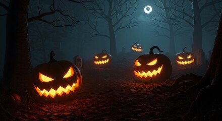 Eerie halloween pumpkins glowing in a dark forest under the moonlight night