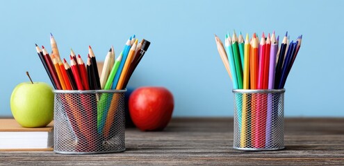 Colorful pencils in wire mesh containers on a wooden table, with a green apple in the foreground