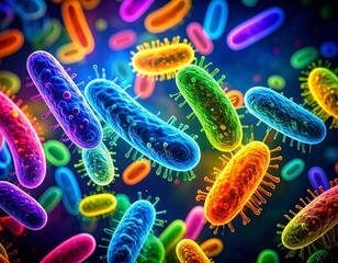 Colorful rainbow bacteria under microscope, showing detailed textures and vibrant scientific visualization. Generated image