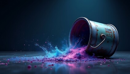 "Digital art of a tipped paint bucket spilling starry galaxy instead of paint, cosmic colors flowing like liquid"
