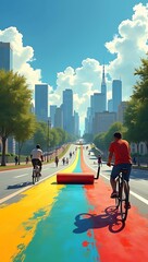 "Concept art of a paint roller laying down rainbow-colored road, stretching into horizon, creative urban art gimmick"