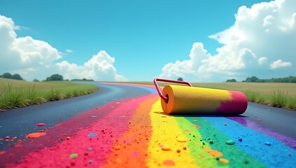 "Concept art of a paint roller laying down rainbow-colored road, stretching into horizon, creative urban art gimmick"
