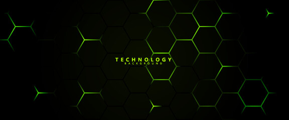 Futuristic hexagon technology background with glowing neon green edges on dark gradient, ideal for digital, gaming, and cyber design projects.