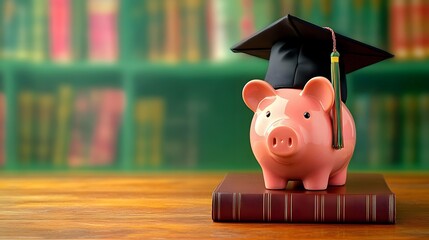 Scholarship with piggy bank and graduation cap on table.