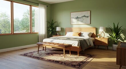 Mid Century Modern bedroom with sage green walls
