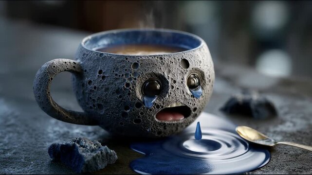 Gray stone-textured mug with eyes and mouth crying blue liquid, placed on a table beside a teaspoon