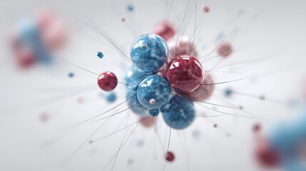 A digital rendering of atoms colliding on a white background 
