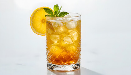 Fototapeta premium A sparkling yuzu mocktail, beautifully presented with fresh mint leaves and a lemon slice, a perfect and refreshing treat.