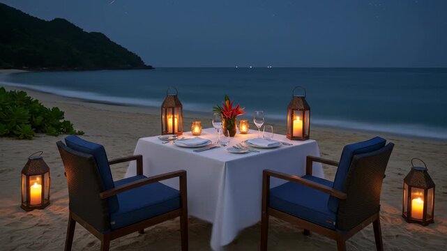 Romantic dinner setup on a beach at night with candles and ocean view.