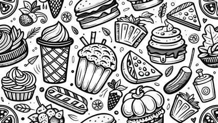 A black and white drawing featuring various food items arranged artistically on a surface..eps