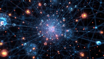 Obraz premium Abstract network of glowing spheres and interconnected lines in a dark blue background