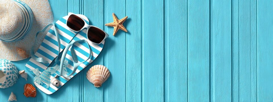 Summery beach accessories on a light blue wooden surface - Powered by Adobe