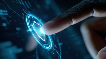 Data Protection: A fingertip activates a digital shield, a beacon of digital security and technological prowess, set against a dark, cinematic background.– Generative AI