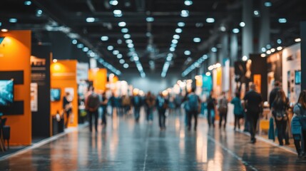 A bustling exhibition hall filled with colorful booths and visitors, showcasing various displays under bright lights.