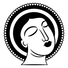 Head of a Christian saint. Medieval religious design. Black and white silhouette.