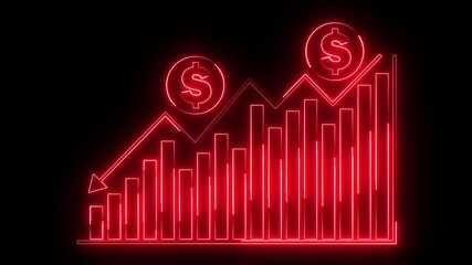 Business graph with dollar sign icon animation glowing neon red color business report presentation growth bar chart line finance marketing us currency  profit arrow on black background - Powered by Adobe